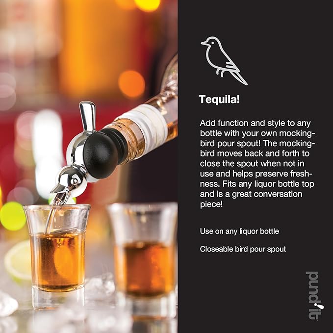 Pund'it Tequila Mockingbird Liquor Pour Spout, Reusable Liquor Bottle Pourer
