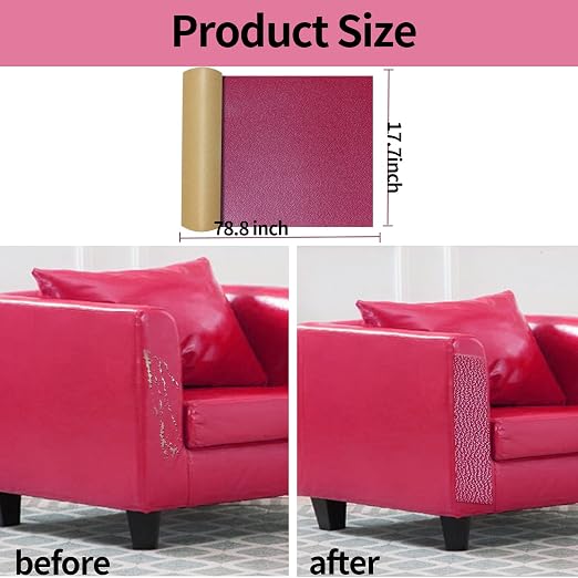 LEMGUBKP Leather Repair Patch Tape Kit,Vinyl Repair Kit,Self Adhesive Leather Repair for Furniture, Couch, Sofa, Car Seats,Office Chair. (Red, 17.78X78.8)