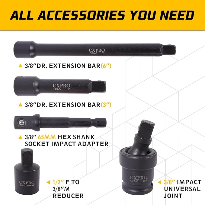 3/8'' Cr-V 6 Point Drive Impact Socket Set, 50-Piece Standard SAE (5/16 to 3/4 inch) and Metric (8-22mm) Size, 3/8-Inch Ratchet Handle, Extension Bar, Universal Joint