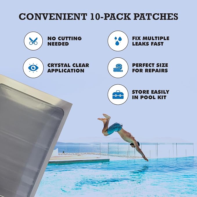 Burro Adhesives 10-Pack Waterproof Clear Pool Tape Patches - Professional Grade PVC Repair Kit with 2.75" x 4" Heavy Duty Patches for Commercial & Residential Vinyl Pools, Works Underwater & Dry