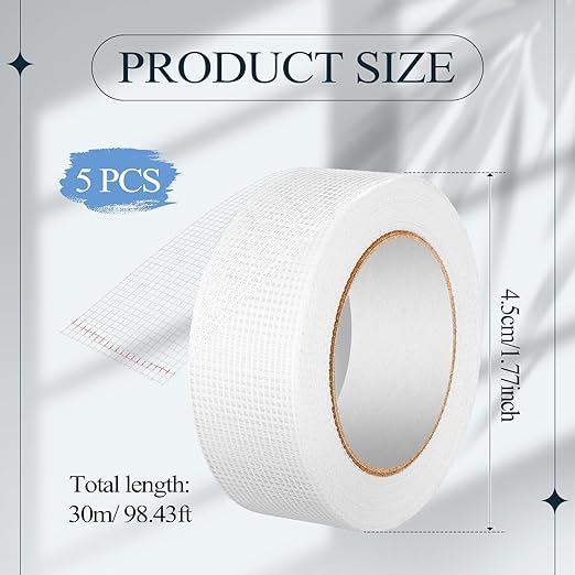 Pushglossy 5 Rolls Drywall Joint Tape 1.8 Inches x 492 ft Self Adhesive Fiberglass Mesh Drywall Joint Tape White Heavy Duty Wall Crack and Seam Patch for Repairing Joining Finishing