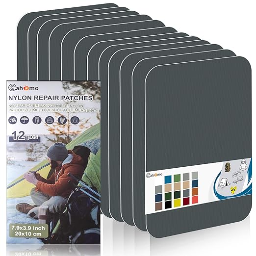 Cahomo 7.9x3.9 inch 12 PCS Nylon Repair Patch Nylon Repair Tape Self Adhesive Fabric Tapes Outdoor Camping Gear Fabric kit for Tent, Umbrella, Down Jackets, Sleeping Bag, Knapsack（Dark Gray）