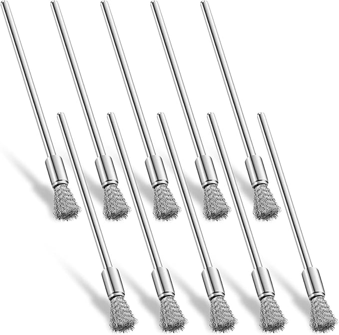 Lounsweer 10 Pcs Wire Brush Extended Cleaning End Brushes Pen Wire Scrub 3 mm Mandrel Rust Paint Removal Bits Polishing Rotary Tool Accessories, 6 mm End Scrub(Stainless Steel)