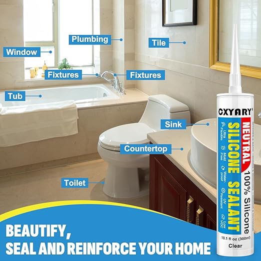 Silicone Caulk & Sealant Clear, 10 Pack - 100% Waterproof Silicone Sealant, Silicone Caulking for Kitchen and Bathroom, Toilet, Sink, Window ＆ Door Use, Shrink & Crack Proof (10.1 FL.OZ/300ml)