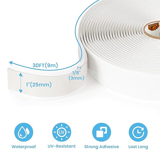 TAPEBEAR Butyl Tape 1 Inch x 30 Ft White, 1/8 in Thick Plumbers Putty Tape RV Sealant Tape Window Sealing Tape Leak Proof Double Sided Butyl Caulking Tape for Boat Sealing, EDPM, Automotive, 3Rolls