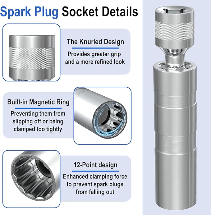 14mm&16mm Spark Plug Socket Set, Thin Wall 3/8" Drive Spark Plug Sockets Removal Tool, 12 Point, Magnetic Swivel Spark Plugs Socket for Most Car Models
