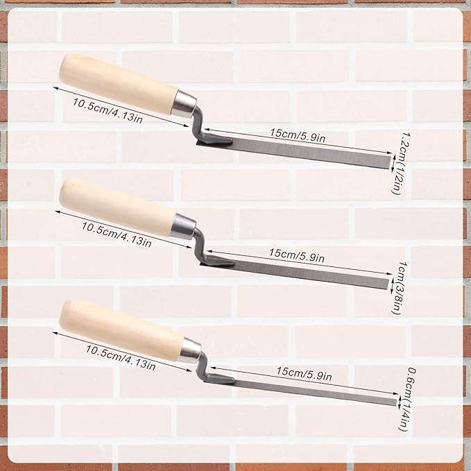 3pcs Tuck Pointer Trowel Set with Wood Handle, 1/4" 3/8" 1/2" Sizes Mortar Repair and Masonry Tools for Tuck Pointing Brick Joint Filling and Grouting Work