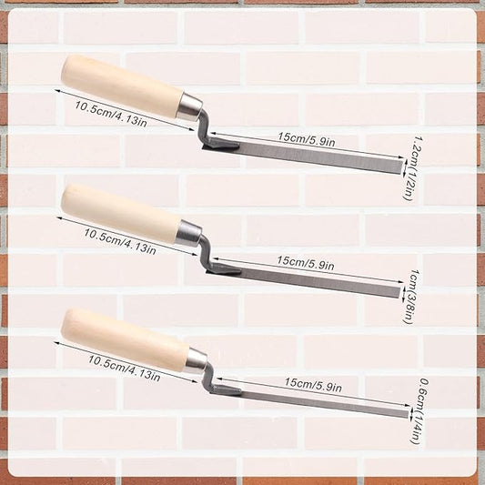 3pcs Tuck Pointer Trowel Set with Wood Handle, 1/4" 3/8" 1/2" Sizes Mortar Repair and Masonry Tools for Tuck Pointing Brick Joint Filling and Grouting Work