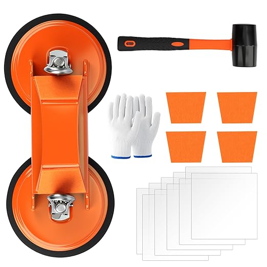 Heavy Duty Floor Gap Fixer Tool, 45° Striking Surface Floor Gap Repair Tool with Dual Suction Cup/Rubber Mallet Hammer/Anti-Slip Stickers/Cushion Pads/Gloves for Hardwood Tile and Stone Baseboard
