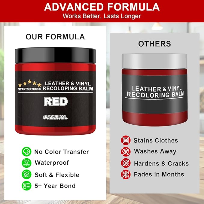 STARTSO WORLD Leather Recoloring Balm, Red Leather Repair Kit for Furniture, Leather Dye, Leather Color Restorer for Couches, Leather Couch Paint | Repair, Restore & Renew Old, Faded Leather