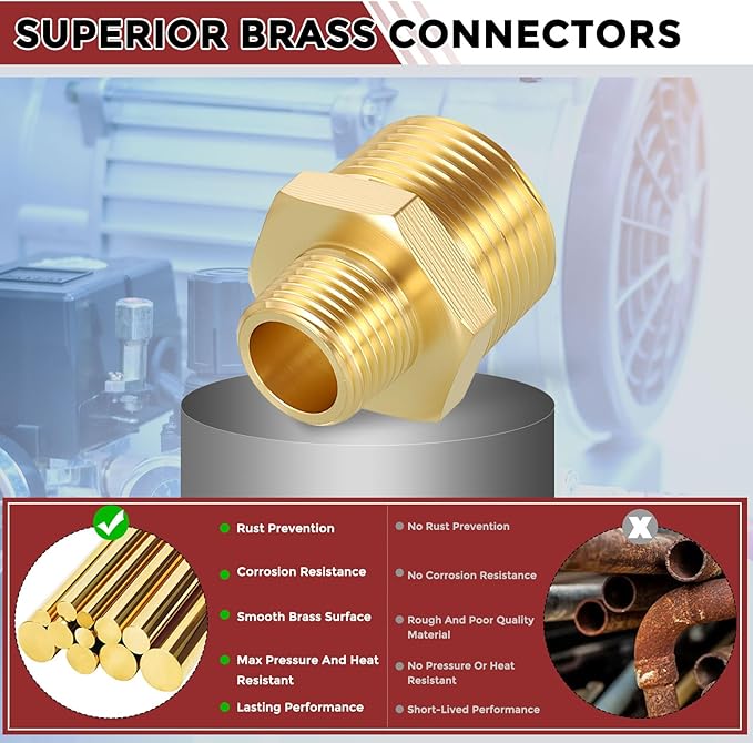 Pack of 2, 3/4" NPT Male to 3/8" NPT Male Solid Brass Hex Nipple Hose Connectors, Male Pipe Adapter for Pipe Leak Repair, Bathroom Remodeling, Tool Extensions, Compression