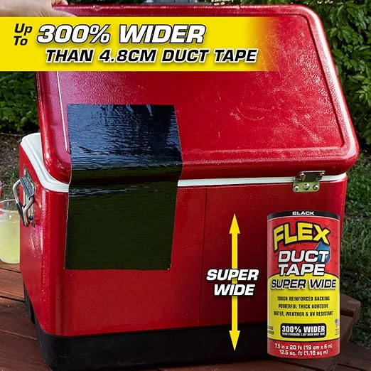 Flex Duct Tape, Super Wide, 7.5 Inches x 20 Feet, Black, Heavy Duty Strong, Multi-Surface, Water, Weather and UV Resistant, Tearable, Perfect for Boxes, No Residue