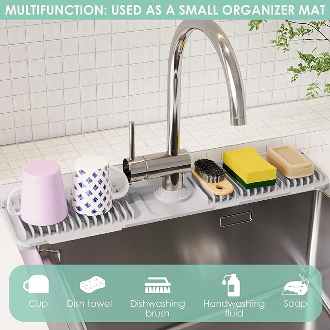 24 Inch Silicone Faucet Mat for Kitchen Sink Splash Guard - 7° Slope Water Draining Mat With Fasten Button for Bathroom Area (Gray, 24"x5.5")