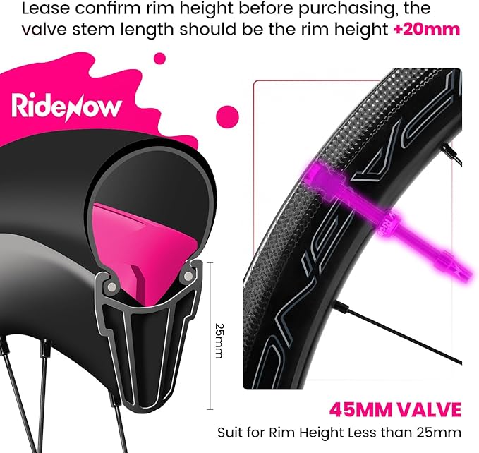 RideNow Tubeless Presta Valve Stems, 45mm Super Light 7075 Aluminum Alloy Presta Tubeless Valve Stem Kit with Valve Core Remover Tool and Valve Stem Caps, Multiple Color and Size Options(Pair), Purple