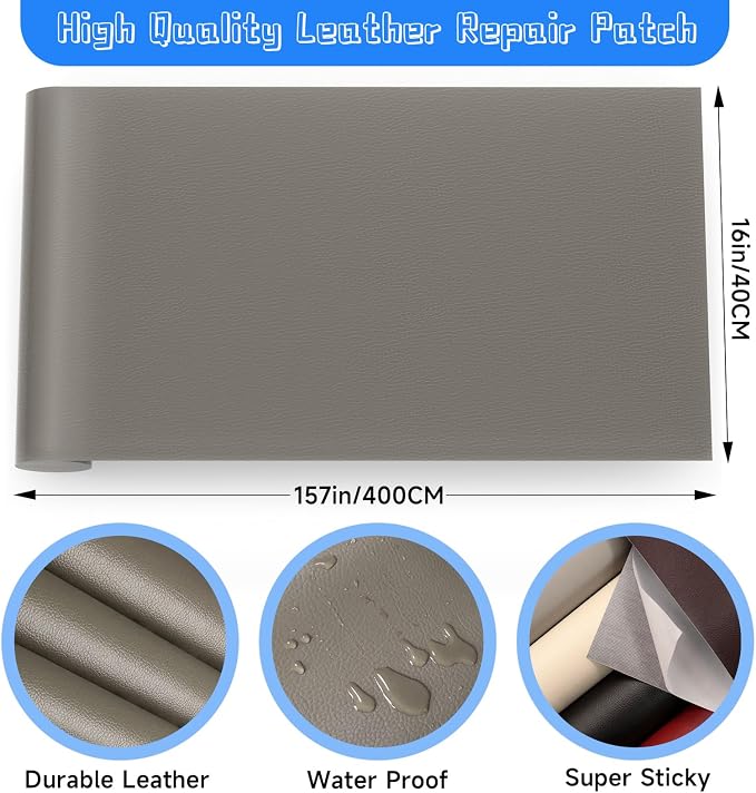 Leather Repair Patch, Self Adhesive Leather Repair, Large Leather Repair Tape for Sofa, Car Seats, Furniture, Cabinets, Chairs, Handbags （Grey, 16X157 inch)