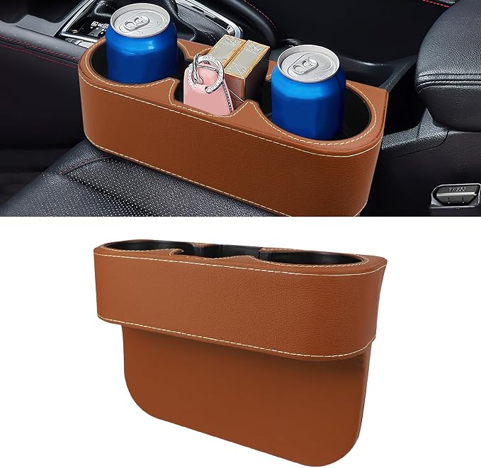 Car Cup Holder, Multifunctional Auto Drink Holder Gap Filler Storage Box, Leather Car Seat Organizer with Cup Holder, Universal Vehicle Front Seat Organizer for Bottle Phone (Brown)