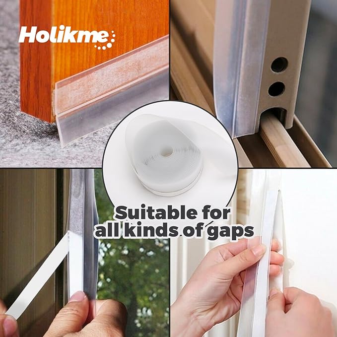 Holikme Door Draft Stopper, Weather Stripping Door Seal, Transparent, 33FT | Flexible Under Door Seal, Window Draft Blocker, Blocks Cold Air Heat Loss, Waterproof, 1.8"W, For Doors Windows Shower Doors