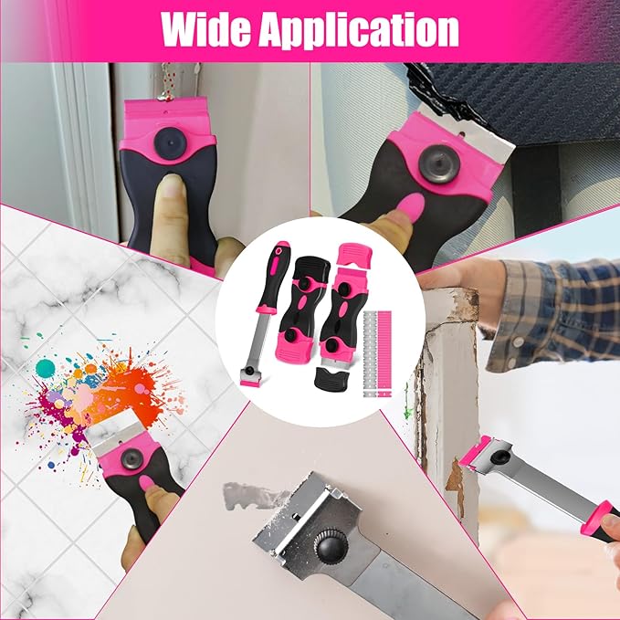 Razor Blade Scraper Tool, 3Pcs Pink Razor Scrapers with 15pcs Metal and 30pcs Plastic Blades, Scraper Tool for Cleaning Paint, Decals, Adhesive, Caulk, Stickers, Glass, Labels, Window, Stovetop