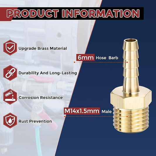 Pack of 6 Brass Hose Barb Fittings Adapter Connector 6mm Hose Barb to M14x1.5 Male Fittings for Home Machines, Massage Bathtubs, and Irrigation Systems