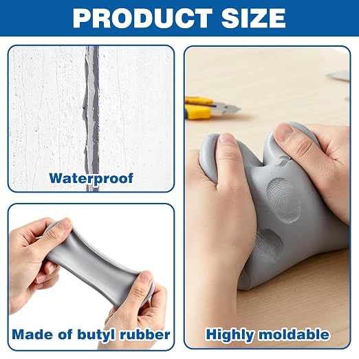 U0U 2 Pack Gery Moldable Silicone Putty,5mm Waterproof Multi Purpose Butyl Seal Putty Tape,Plumbers Duct Seal Putty for Sink Drain Gap Wall Repair