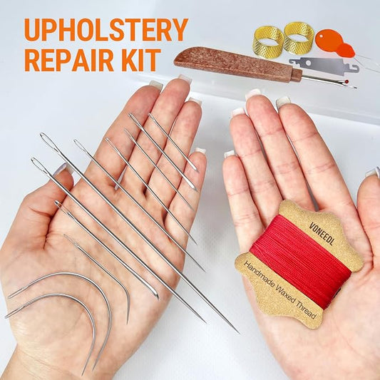 VONEEDL Upholstery Repair Kit: Waxed Sewing Thread (Red Color) & Heavy Duty Needles (11 PCS) for Leather, Canvas & Quilting Thread
