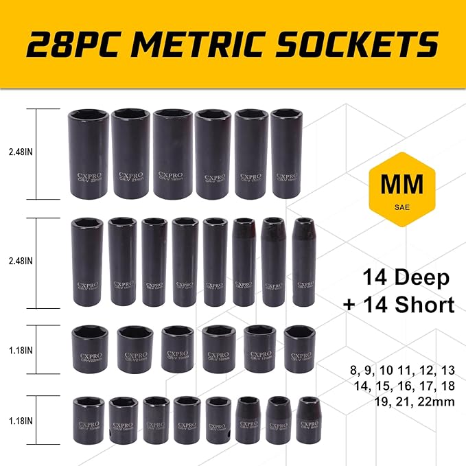 3/8'' Cr-V 6 Point Drive Impact Socket Set, 50-Piece Standard SAE (5/16 to 3/4 inch) and Metric (8-22mm) Size, 3/8-Inch Ratchet Handle, Extension Bar, Universal Joint