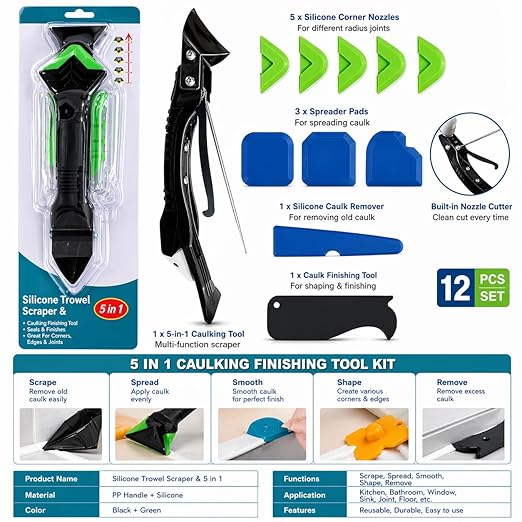 5-in-1 Caulk Remover Tool - Silicone Caulking Tool Kit and Caulk Smoothing Tool for Bathroom, Kitchen, Sink, Tile and Window Repair (Green)