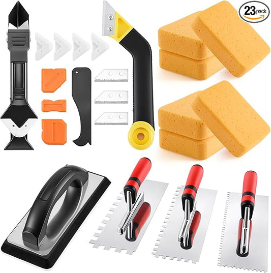 23 Pcs Tile & Grout Tool Sets, Silicone Caulking Remover Tools Stainless Steel Notch Trowel Molded Rubber Grout Float 6 Sponge Angled Tile Saw with 3 Blades for Floor Wall Installation