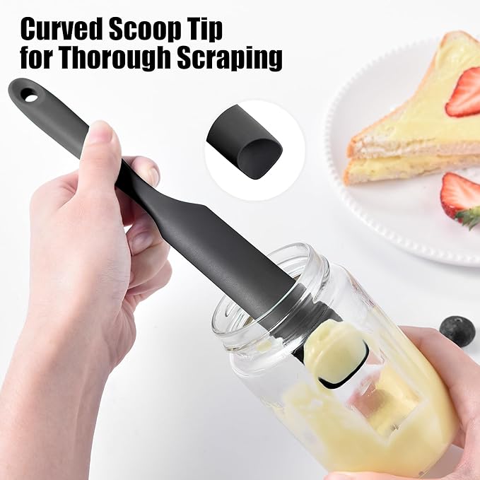 Doosu Silicone Jar Scraper Spatula, 600°F Heat Resistant Rubber Scraping Tool for Jam Nut Butter Sourdough, Flexible Skinny Cream Spreader Long Slim Kitchen Spurtle for Jar Blender Bottle (Black)
