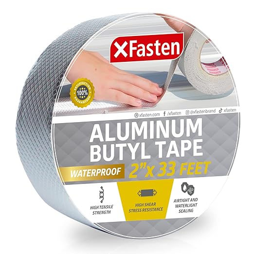 XFasten Super Waterproof Aluminum Butyl Tape, 2-Inch x 33-Foot, Aluminum Foil Tape with Butyl Rubber Adhesive for Window and Metal Roof Flashing, Patching and Gutter Leak Repair