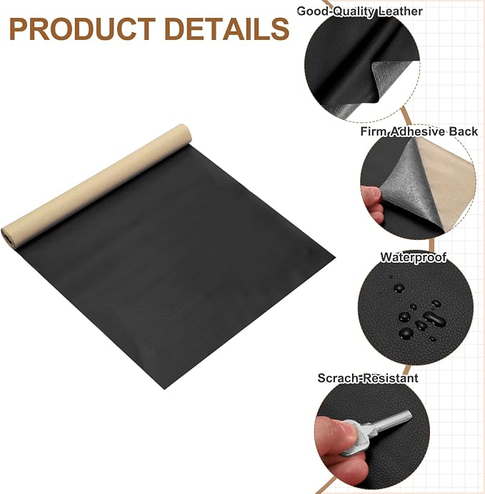 MECCANIXITY Leather Repair Patch 14"x54" Self-Adhesive Leather Vinyl Repair Tape Kit for Furniture Couches Sofa Chair Car Boat Seats Jackets, Black