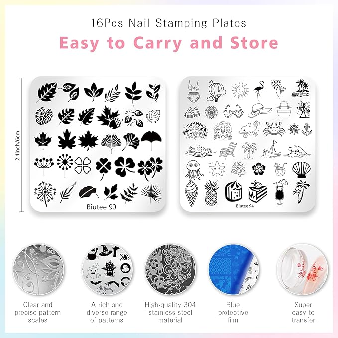 Biutee Nail Stamping Plates 16PCS Nail Stamping Kit with 8 Nail Stamping Gel Polish, 1 Nail Stamper Scraper & Storage Bag, Nail Stamp Kit Flower Butterfly Animal Design for Beginners & Nail Lovers