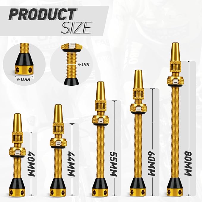 BWSHLF Tubeless Presta Valve Stem 40/44/55/60/65/80/100 mm, Super Light Alloy Presta Valve Stem Kit with Valve Core Remover Tool and Valve Stem Caps - Multiple Color and Size Options(Pair)