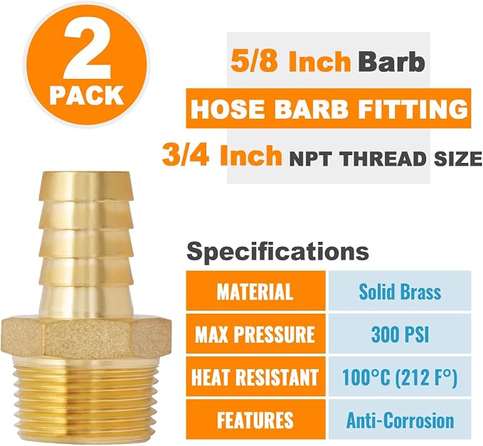 SUNGATOR Hose Barb Fittings 5/8 Inch Barb × 3/4 Inch NPT, Brass Air Hose Fittings, 5/8" to 3/4" NPT Male Air Line Repair Connector Kit, Brass Male Thread Pipe Adapter (2 Pack)