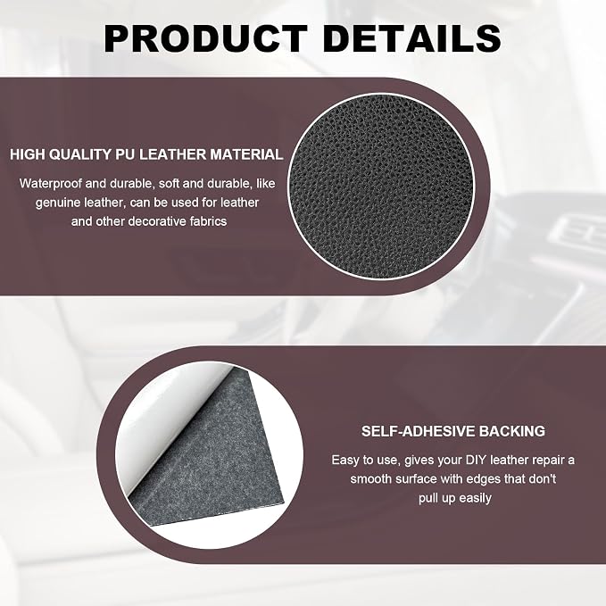 2 PCS Leather Repair Patch Tape, 4 x 8 Inch PU Vinyl Repair Patches for Car Upholstery Seat, Waterproof Self Adhesive Leather Tape Repair Kit for Furniture Couches Chairs (Black)