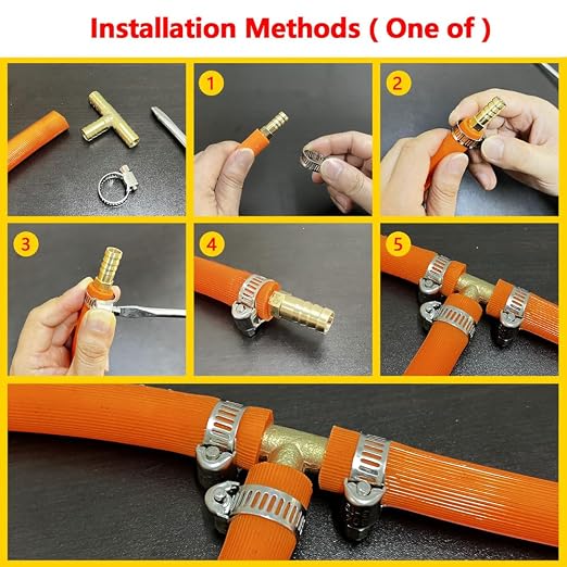 Da by 2 pcs 3/8"(10mm) Brass Tee Barb Fittings for 3/8" ID Hose,6 pcs Stainless Steel Pipe Clamps,3 Way Union Intersection for Water/Fuel/Air(T)