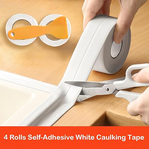 4 Rolls White Caulking Tape, Self-Adhesive Waterproof Sealant Tape for Kitchen, Bathroom, Bathtub, Toilet Base, Countertop Edge Protector, Wall Floor with Sealing Tools (126 x 1.5in)