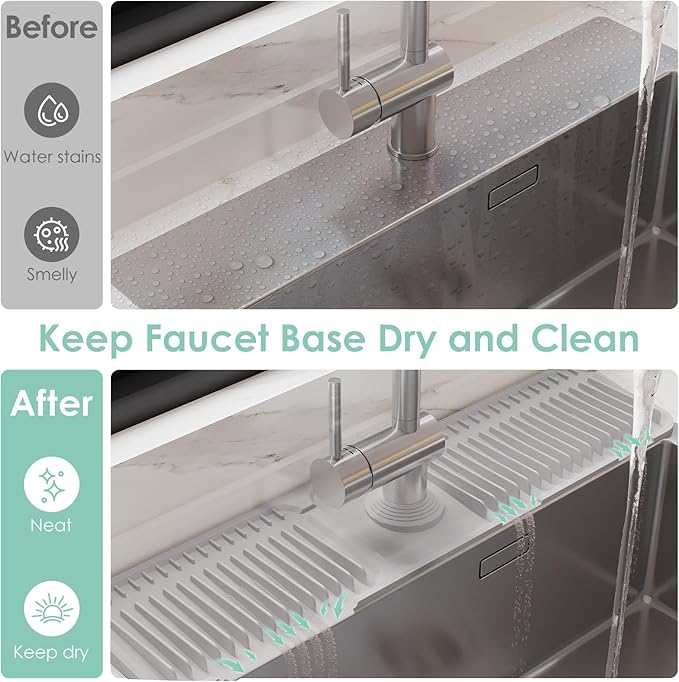 24 Inch Silicone Faucet Mat for Kitchen Sink Splash Guard - 7° Slope Water Draining Mat With Fasten Button for Bathroom Area (Gray, 24"x5.5")