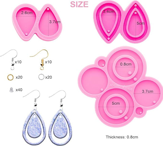 103Pcs Resin Molds Silicone Kit, 3pcs Earring Silicone Molds for Resin Jewelry Epoxy Casting Molds, Earring Hooks and Jump Ring for DIY Unique Earring Epoxy Resin Molds, Jewellery Earring Molds