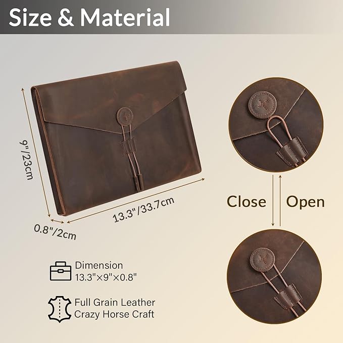 Genuine Leather Envelope Document Holder， Leather File Folder Organizer，Envelope Document Holder for Men&Women, Personalized Folio Laptop Sleeve Case for 15" Laptops, Tablets