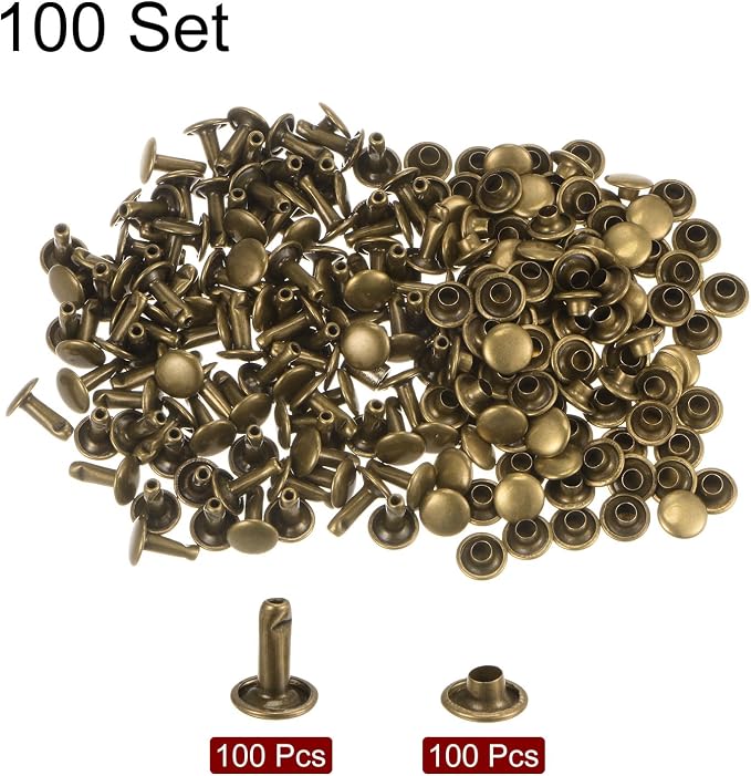 HARFINGTON 100 Sets Leather Rivets 10 x 8mm Metal Double Cap Rivet Snaps Studs Fasteners with 3pcs Setting Tools Rivets for Leather Craft DIY Repair Decoration, Bronze