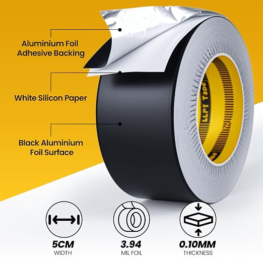 LLPT Aluminum Black Foil Tape 2 Inches x 65 Feet 3.94 Mil | Industrial Grade, Extra Thick, Strong Adhesive, No Residue, Weather Resistant for HVAC Sealing Hot Cold Air Pipe Metal Repair