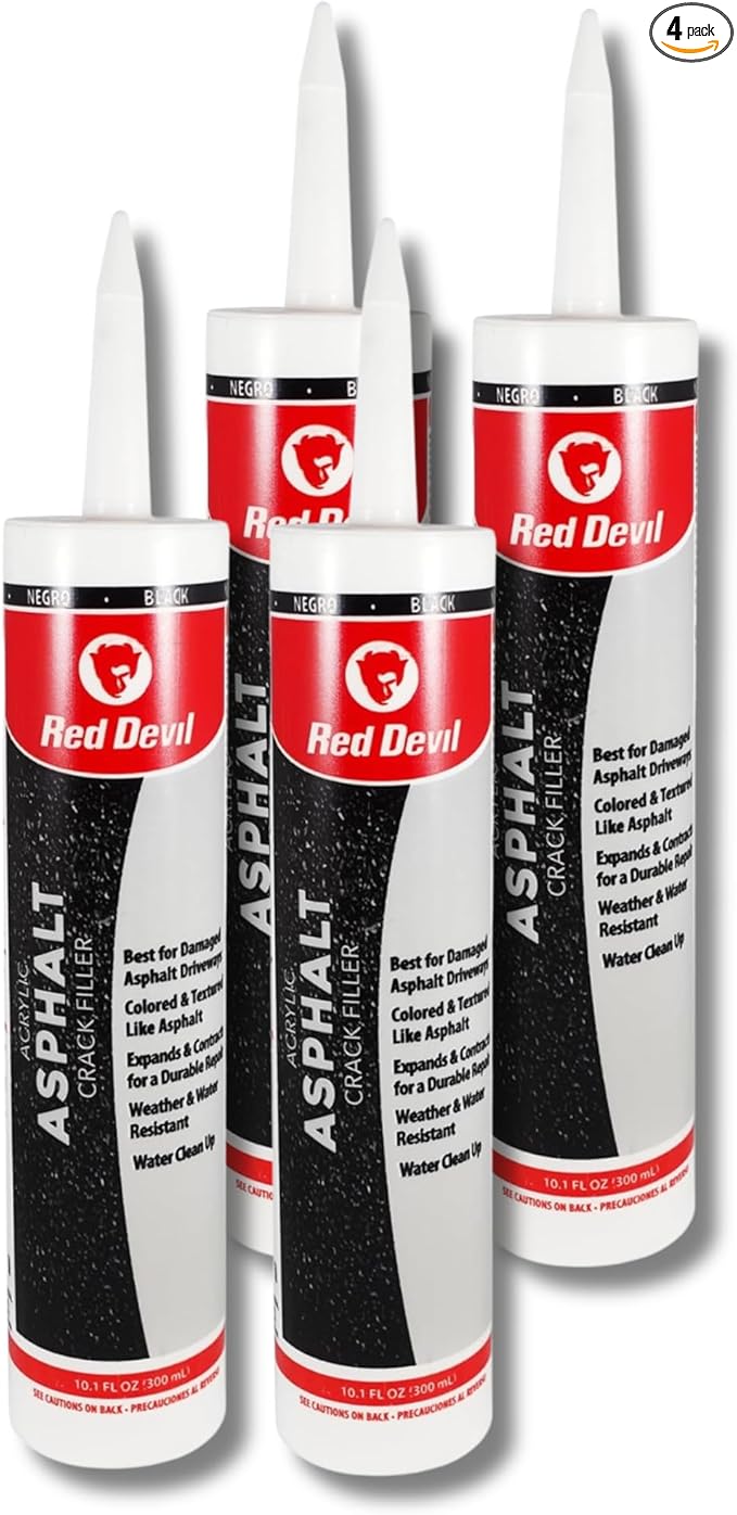 Red Devil 0637 Asphalt Crack Filler Sealant – Black Acrylic Driveway Sealer for Cracks & Joints, Forms a Water-Resistant Seal, 10.1 fl oz, Pack of 4, Made in USA
