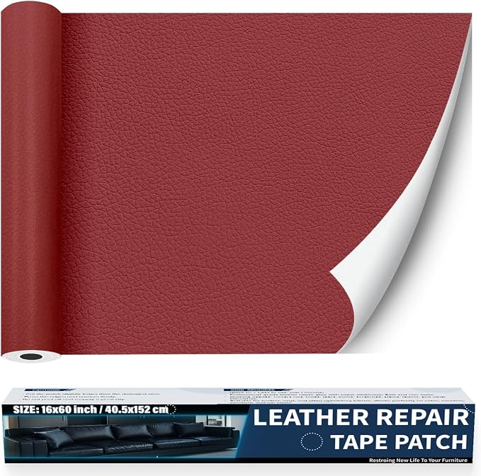 Zenyao Leather Repair Patch Tape - Self Adhesive Leather Repair Kit for Car Seat Furniture, Heavy Duty Vinyl Repair Patch for Couch Sofa, Waterproof for Rips Scratches Tears, 16x30 Inch Roll, Red