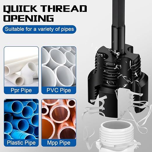 3 Pcs Pipe Thread Cutting Tool Integrated Internal & External Pipe Threading Tool Electric Drill Compatible PVC Tube Threader Kit, 1/2", 3/4", 1'' Tube Size Rethreading Kit (3 Sizes, Black)