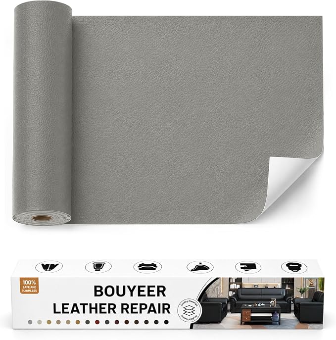 BOUYEER Leather Repair Patch Tape Kit,Self Adhesive Leather Repair for Sofa，Car Seat,Office Chair,Furniture,Jacket,Waterproof Strong Adhesive Vinyl Repair Kit. 17 in x 79 in,Grey