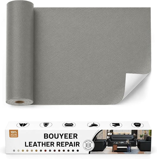 BOUYEER Leather Repair Patch Tape Kit,Self Adhesive Leather Repair for Sofa，Car Seat,Office Chair,Furniture,Jacket,Waterproof Strong Adhesive Vinyl Repair Kit. 17 in x 79 in,Grey