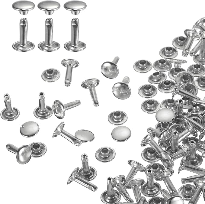 HARFINGTON 100 Sets Double Cap Leather Rivets, 9x12mm Round Cap Tubular Metal Studs Leather Crafting Rivets for Fabric Belt Pet Collar Boot Bag Repair and Decoration, Silver