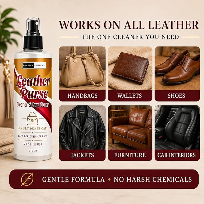Leather Purse Cleaner & Conditioner (8oz) – High End 3-in-1 Spray for Purses, Designer Bags & Luxury Handbags – Cleans, Conditions, Deodorizes & Restores Finished Leather - Made in USA