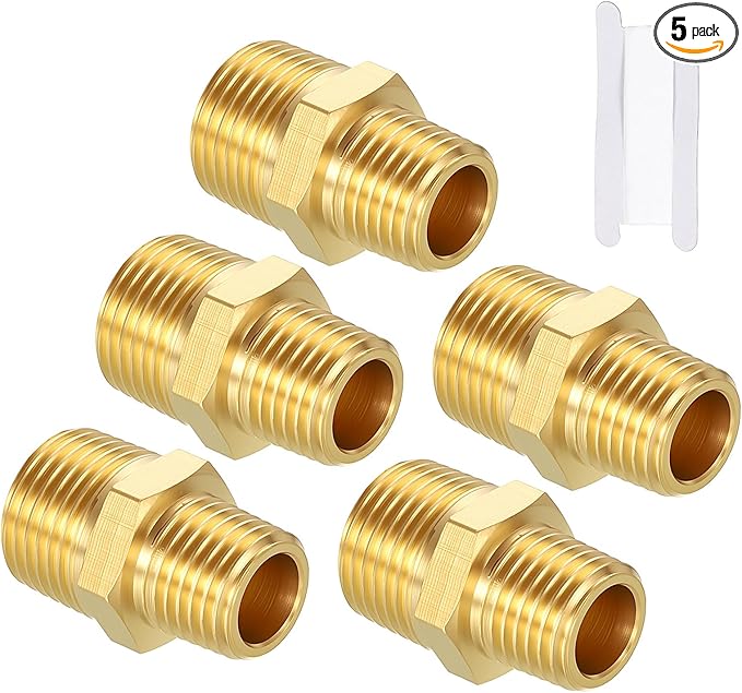 Pack of 5, 3/8" MNPT to 1/4" MNPT Solid Brass Hex Nipple Hose Connectors W/Sealing Tape, Male Pipe Adapter for Pipe Leak Repair, Bathroom Remodeling, Tool Extensions, Compression